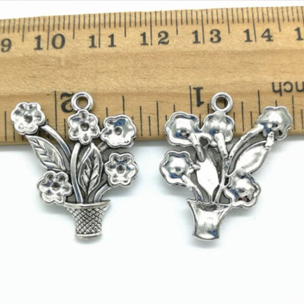 2 Womens Antique Silver Growing Flowerpot Pendant/Charms - Picture 2 of 2